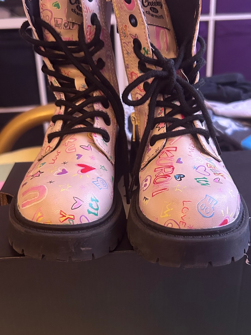 Zara Pink Doodle Lace-Up Combat Boots